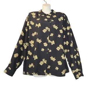 Vtg Rena Rowan for Saville Women 16 Floral Button Up Top Black Career Casual